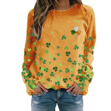 Imagem de Camisetas femininas de manga comprida com estampa de trevo da sorte irlandês verde do dia de São Patrício 2024, Laranja, 3G