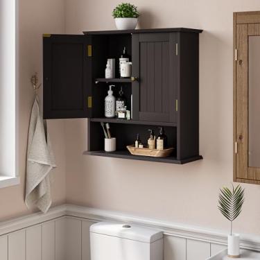 Imagem de Smuxee Armário de banheiro marrom montado na parede, pequeno armário de remédios para banheiro com 2 prateleiras ajustáveis, armário de parede de banheiro sobre vaso sanitário para lavanderia e cozinha