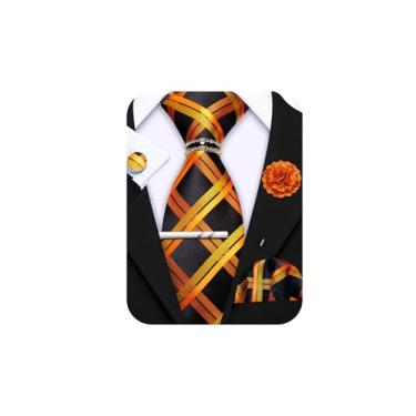 Imagem de Ailisus Conjunto de gravata masculina 6 peças gravata listrada xadrez lenço de seda abotoaduras prendedor de lapela broche de lapela e anel de gravata formal, Xadrez preto laranja, tamanho �nico