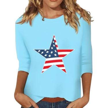 Imagem de 4th of July Camisetas femininas 4th of July Shirts Star Stripes 3/4 manga bandeira americana blusas soltas casuais, Azul-celeste nº 2, G