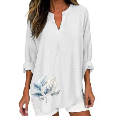 Imagem de Camiseta feminina de linho, gola V, manga comprida, estampa floral, folgada, casual, elegante, Branco, M