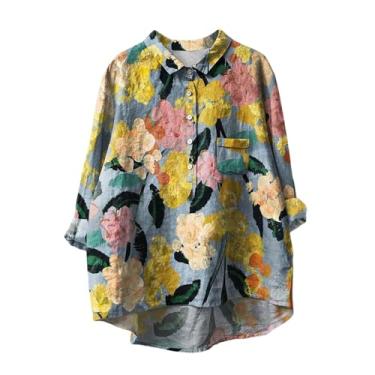 Imagem de Camiseta feminina de linho com estampa de flores, ajuste solto, gola lapela, botões, manga comprida, blusas casuais, Ouro rosa, G