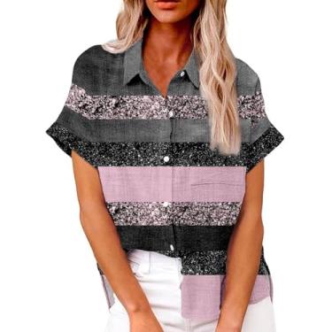 Imagem de Camiseta feminina com estampa floral, manga curta, gola lapela, botões, folgada, casual, para férias, E - rosa, GG