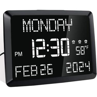 Imagem de Relógio de parede digital, calendário extra grande de 29 cm, despertador com data e semana, temperatura, 2 carregadores USB, 3 alarmes, 5 reguladores e mesa de LED 12/24h para escritório, sala de
