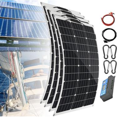 Imagem de Kit de painel solar com controlador 40a, painel solar semiflexível de 30 °, carregamento de bateria de 12 V (saída USB), para garagem, trailer, telhado, iate, barco, 400 W, controlador 40A