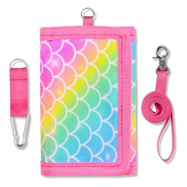 Imagem de Carteira infantil para meninas, de 4 a 12 anos, com três dobras, bolso para moedas com zíper e porta-cartões, presente de aniversário e Natal, Sereia arco-íris