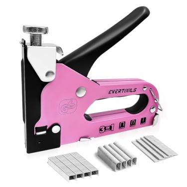 Imagem de EVERTOOLS Pistola de grampos 3 em 1, grampeador manual rosa feminino com 600 grampos, para madeira, cabos, artesanato, tecido, decoração, carpintaria, móveis, reparo de material e bricolage.
