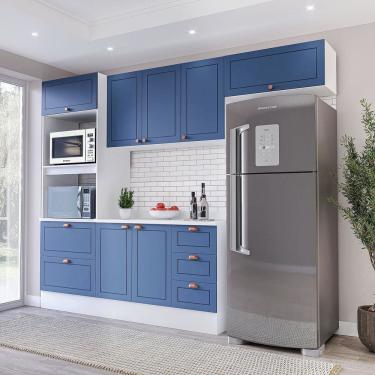 Imagem de Cozinha Pérola 4 Peças Torre Quente Aéreo 3 Portas e Balcão 2 Gavetas 3 Portas com Tampo Yescasa Branco/Azul