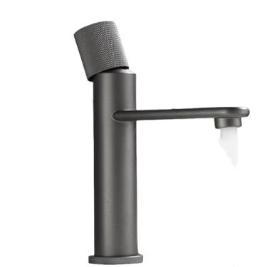 Imagem de Torneira de pia de banheiro cinza arma, bico de cachoeira, misturador de água quente e fria, torneira de pia com alça única, torneira de lavagem de latão montada no deck, cinza A, curta, uma