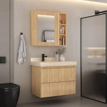 Imagem de Conjunto Para Banheiro Lavatório Em Porcelanato Com Cuba Esculpida, Gabinete e Espelheira Ripy 80cm Wood/Travertino