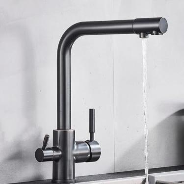Imagem de Torneira de cozinha com filtro de níquel escovado, torneira de cozinha para água potável, montada no deck, alças duplas, misturador de água quente e fria de 3 vias, bronze preto