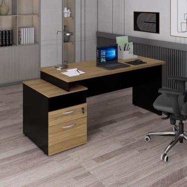 Imagem de Mesa Diretor com Gaveteiro Pé Painel Espresso Móveis Amadeirado/Preto