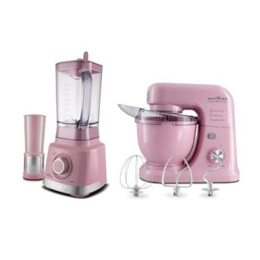 Imagem de Kit Batedeira Planetária 700w + Liquidificador Britânia Rosa 1400w 110
