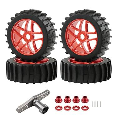Imagem de Rchobbytop 4 peças rodas e pneus off-road buggy 17 mm pneu de pá 5 raios aro de roda com adaptadores hexagonais porcas e chave para pista curta rally areia neve terreno, vermelho