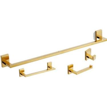 Imagem de Kit 4 Acessórios Banheiro Lavabo Gold Brilho Metal Luxo Inox - Fine Me
