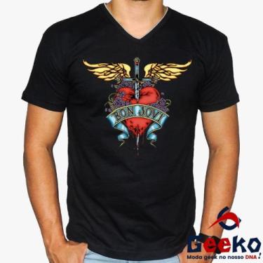Imagem de Camiseta Bon Jovi 100% Algodão Rock Geeko, Preto gola v, GG