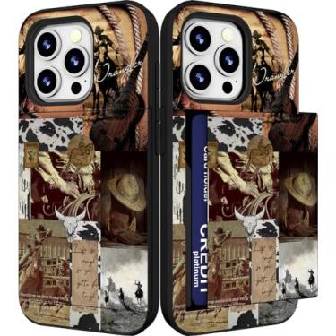 Imagem de IWONE Capa compatível com iPhone 15 Promax fofa com porta-cartões Slim Slot Phone 15 Pro Max capa carteira para mulheres/cowboy country Wrangler colagem vaca vaqueira ocidental cacto