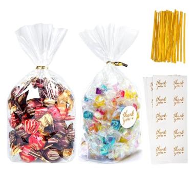 Imagem de Cherodada Sacos de presente de celofane, 15 x 23 cm, agradecimento para lanches com laços torcidos para sacos de plástico transparentes para embrulho, doces, biscoitos, chocolates, pipoca (pacote com