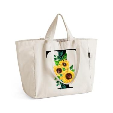 Imagem de AUSVKAI Sacola de lona para mulheres, bolsa de compras de girassol com zíper, bolso interno e alça de ombro longa alça curta, Letra T