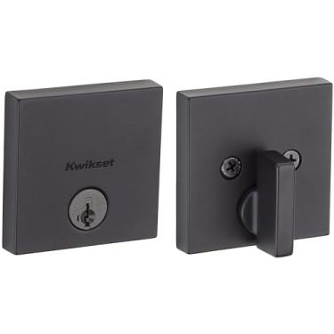 Imagem de Kwikset Fechadura de porta de cilindro único contemporâneo, quadrada, discreta, moderna, contemporânea, de perfil baixo, 92580-008 com SmartKey Security em preto