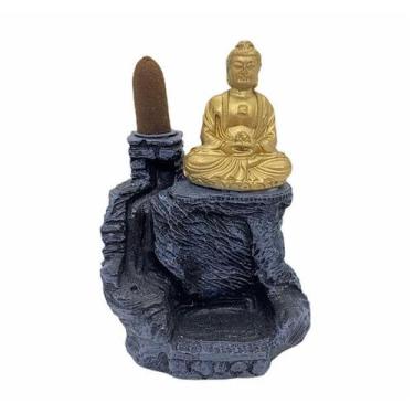 Imagem de Incensário cascata Buda Tibetano cinza com dourado 13 cm resina - Lua 