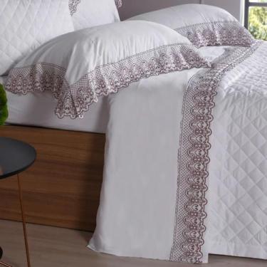 Imagem de Jogo De Cama Casal 300 Fios Acetinado Bordado Inglês 100% Algodão Bran