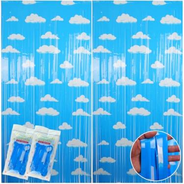 Imagem de 2 peças de decoração de fundo de festa céu azul, nuvens brancas, pano de fundo de história de desenho animado de brinquedo, adereços de fotos, cortinas de franja de folha de tinsel de desenho animado,