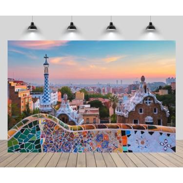 Imagem de CHNYWORK 2,7 m x 1,8 m Espanha, cenário de cidade de Barcelona, Europa, vintage, parque Guell, linha da cidade, casa colorida, fundo com vista do pôr do sol, tema europeu de viagem, espanhol,