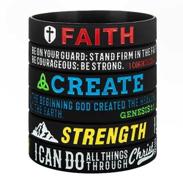 Imagem de Sainstone Pacote com 3, Faith Create Strength, 1 Coríntios 16:13, Gênesis 1:1, Filipenses 4:13 - Pulseiras motivacionais de silicone com versículos da Bíblia Presentes para lembrancinhas de festa
