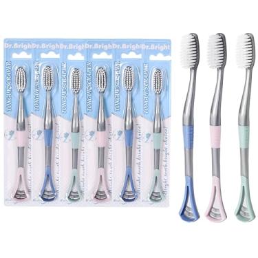 Imagem de DR.BRIGHT Escova de dentes média 2 em 1 com raspador de língua, escovas de dentes médias para adultos, escovas de dentes de viagem com alça ergonômica, cores sortidas, pacote com 6
