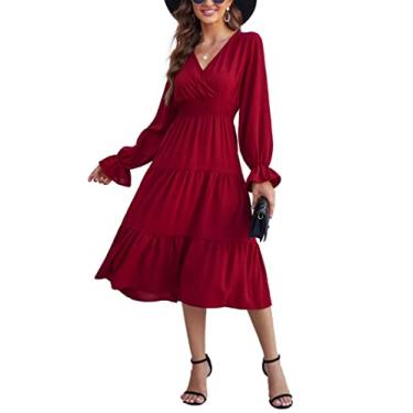 Imagem de KOJOOIN Vestido feminino casual com decote em V, manga midi, cintura franzida, evasê, plissado, rodado, Vinho tinto, XXG