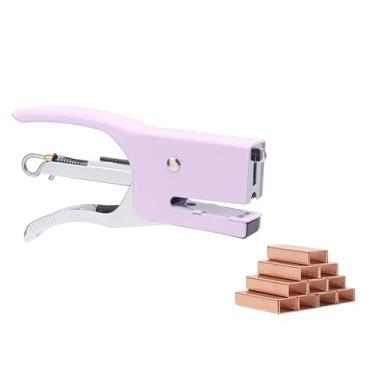 Imagem de Grampeador de alicate roxo com conjunto de grampos nº 10, grampeador manual fofo com 1000 grampos de ouro rosa nº 10 para suprimentos de acessórios de mesa de escritório e casa (grampeador de alicate