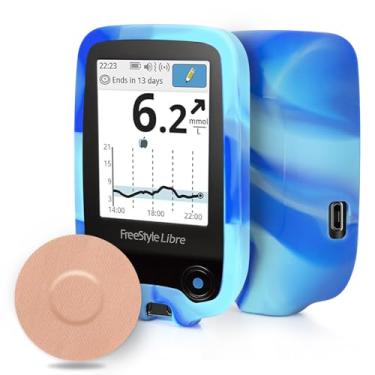 Imagem de YOUSHARES Capa de silicone para leitor Libre 2 com 20 pacotes Bege Libre 2 sensores à prova d'água, capa protetora antiqueda contra arranhões para sensor de adesivos (azul e branco)