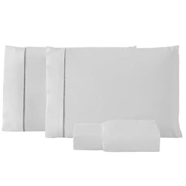 Imagem de Jogo de Cama Box King Size Ponto Palito Algodão Percal 200 Fios Lençol Hotel Pousada 3 Peças (Branco)
