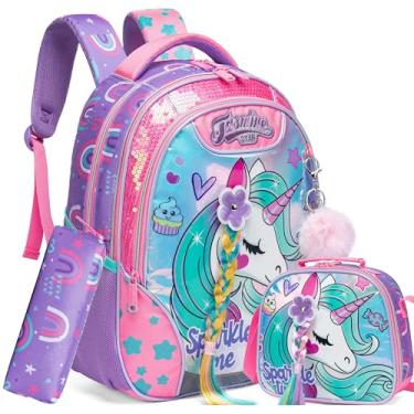 Imagem de Mochila para meninas 40,6 cm para meninas para escola Mochila de lantejoulas com lancheira para estudantes do ensino fundamental, 01 Unicórnio, Personalizada ou moderna