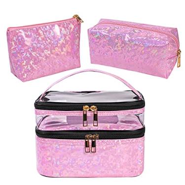 Imagem de FITINI 3 peças de bolsas de maquiagem de camada dupla para viagem grandes estojos de cosméticos organizadores bolsas de higiene pessoal à prova d'água pequena bolsa com zíper para mulheres bolsa de armazenamento de pincéis de maquiagem, Holográfico rosa-claro, Macio