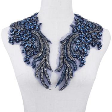 Imagem de Apliques de strass feitos à mão, aplique de renda de flor de cristal, 32 x 12 cm, pares multicoloridos para roupas DIY, vestidos de casamento, decoração de casa (azul royal)