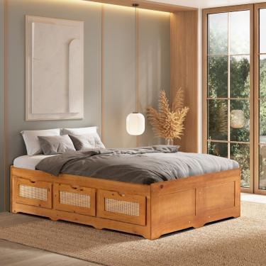 Imagem de Cama Casal 138cm Madeira Maciça com 6 Gavetas Saraiva - Castanho Claro