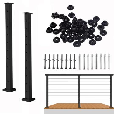 Imagem de Senmit Poste de corrimão de cabo - Poste de cerca quadrada de aço inoxidável para sistema de trilhos de cabos de deck (91 cm perfurado de nível - pacote com 2, preto)