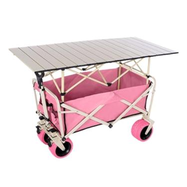 Imagem de carroça Carrinho de vagão com rodas dobrável, carrinho de jardim de acampamento com alça ajustável, vagão de praia com rodas grandes e mesa dobrável dobrável