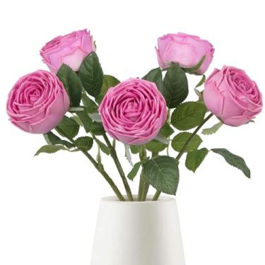 Imagem de INSUNSIX Rosas rosa choque, flores artificiais, 5 peças, rosas de toque real, flores fúcsia, artificiais, realistas, para buquê de casamento, flores para centros de mesa, decoração de festa em casa