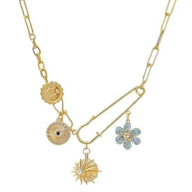 Imagem de CVSQXPL Colar com pingente feminino dourado olho turco sol lua flor pingente colar delicado clipe de papel vintage sorte amuleto gargantilha colares joias celestiais, Zinco, Zircônia cúbica