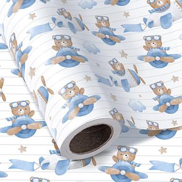 Imagem de WRAPAHOLIC Rolo de papel de embrulho Bear Baby Shower – Mini rolo – 43 cm x 40 cm – Papel de embrulho de urso de pelúcia de avião, para bebê, menino, perfeito para crianças, meninos, aniversário