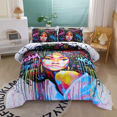 Imagem de Conjunto de edredom para meninas negras afro-americanas para crianças e adolescentes, Queen Size Colorfull Graffiti Style African Theme Bedding Edredom com 2 Fronhas Afro Hair Magic Girls - 228,6 cm x 228,6 cm (Queen, 01)