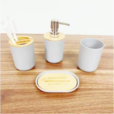 Imagem de Conjunto Para Banheiro Kit Lavabo 4 Peças Com Dispenser Porta Escova Saboneteira E Porta Trecos Em Bambu (Cinza)