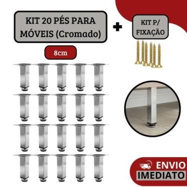 Imagem de Kit 20 Pé Para Móveis Armários Regulável Quadrado Cromado 8cm - HD Fer