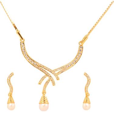 Imagem de Touchstone Bollywood indiano intrincadamente trabalhado com diamantes, strass, cristal, colorido, conjunto de joias de designer de casamento em tom dourado e prateado para mulheres., Liga metálica, Sem pedras preciosas