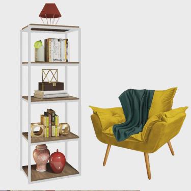 Imagem de Kit Poltrona Fatte com Manta Soft Verde e Estante Livreiro Ferro Branco mdf Freijó Suede Amarelo - Ahazzo Móveis