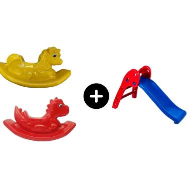 Imagem de Escorregador Baby Infantil Vermelho c/ Azul + Dino vermelho + Unicornio Amarelo para a diversão de meninos e garotos de todas as idades Toy kids brinq
