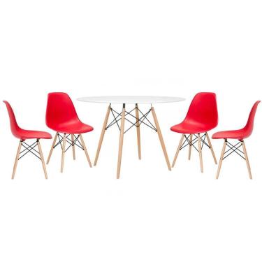 Imagem de Mesa Redonda Eames 120cm Branco + 4 Cadeiras Vermelho